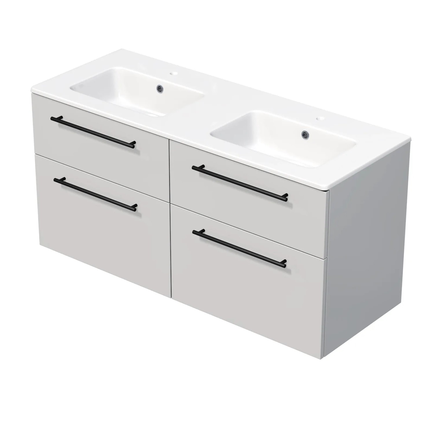 E-shop INTEDOOR Kúpeľ.skriňa+dvojumývadlo BEE, úchyt čierny, 4zás., š.121cm, biela lesk