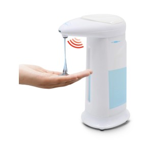 Biely automatický dávkovač mydla s infračerveným senzorom a priehľadným ukazovateľom hladiny.