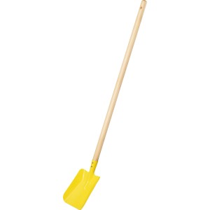 Žltá detská lopatka na piesok s drevenou rukoväťou, dĺžka 89,8 cm, do záhrady.