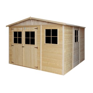 Drevený záhradný domček Timbela M335, 9 m², s oknami, bez podlahy. Neošetrené drevo s dvojitými dverami.