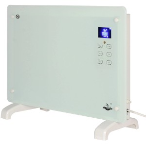 Biely sklenený konvektor El Fuego 1500 W s LCD displejom a dotykovým panelom.