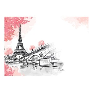 Ilustrácia Paríža s Eiffelovou vežou a mostom, kancelárske potreby.