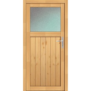 Vchodové dvere z prírodného smrekového dreva so sklenenou vložkou a pravým dorazom.
