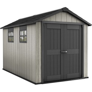 Keter plastový záhradný domček, 7,18 m², sivý. Domček s dvojkrídlovými dverami a dvoma oknami.