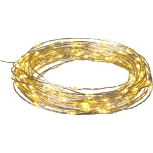 Medená LED svetelná reťaz so 160 teplými bielymi LED diódami na striebornom drôte, dĺžka 805 cm.