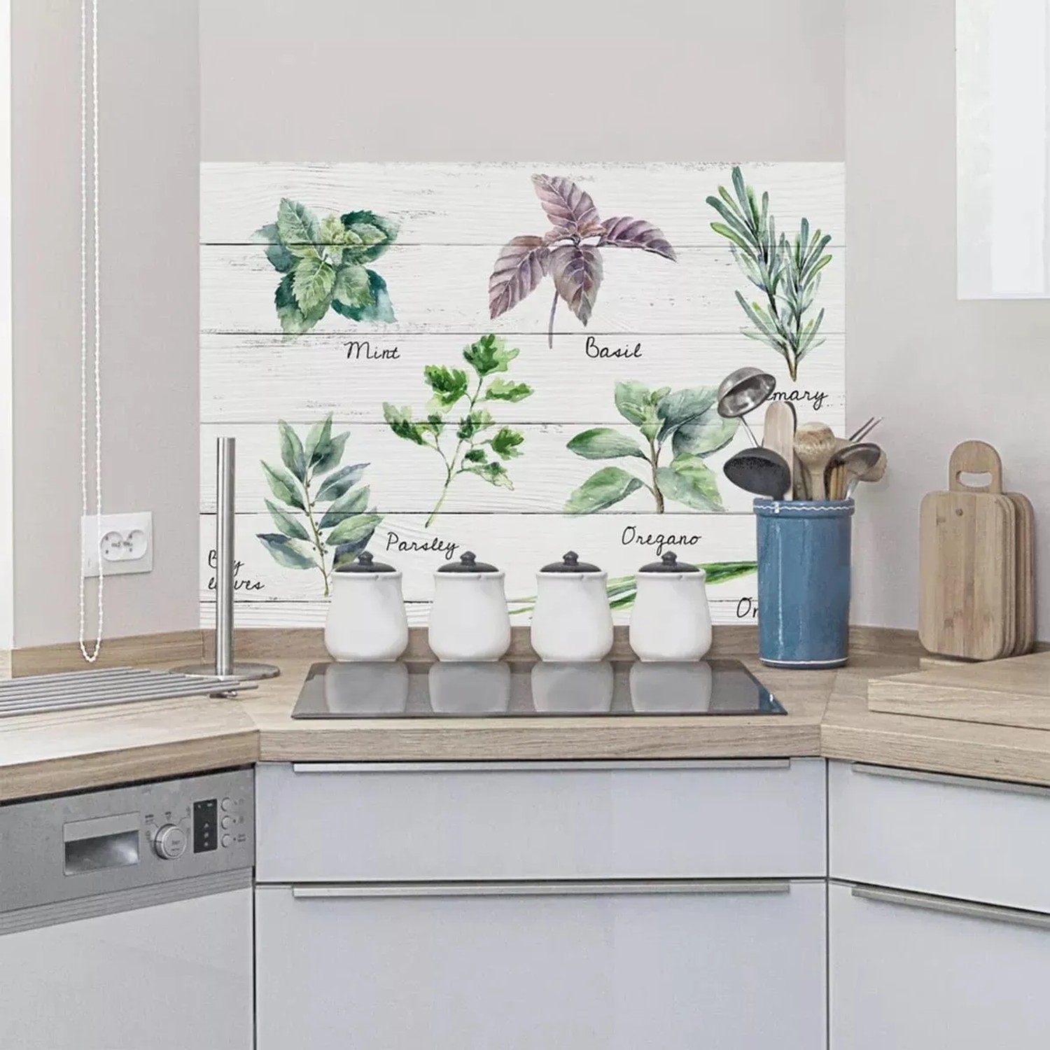 E-shop Crearreda Kuchynský panel samolepiaci, maľované bylinky, 47 x 65 cm