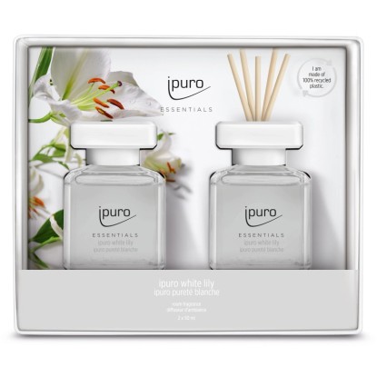 Sada vône do bytu ipuro Essentials White Lily s dvoma flakónmi a vonnými tyčinkami.