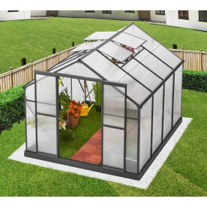 Skleník Floraworld Grow Big so 4 strešnými oknami a základným rámom v záhrade.