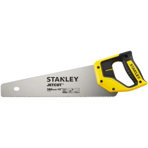 Stanley Jetcut jemná ručná píla, 380 mm, so žlto-čiernou rukoväťou. Ideálna na jemné rezy do dreva.