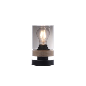 Moderná nočná lampa so sivým skleneným tienidlom a drevenou základňou.