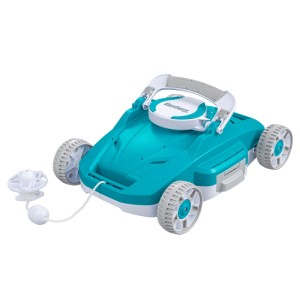 Tyrkysový bazénový robot Bestway AquaTronix G200 s bielymi kolesami a rukoväťou, vrátane záchranného lana.