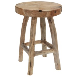 Okrúhla stolička z teakového dreva, výška 42 cm, vzhľad prírodného dreva do obývacej izby a záhrady.