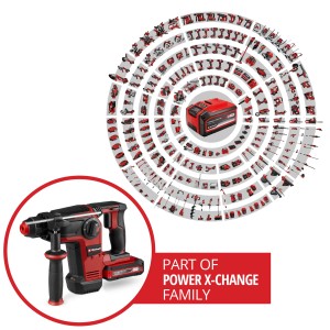 Akumulátorové vŕtacie kladivo Einhell TP-HD 18/28 so sadou akumulátora, nabíjačky a príslušenstva. Súčasť rodiny Power X-Change.