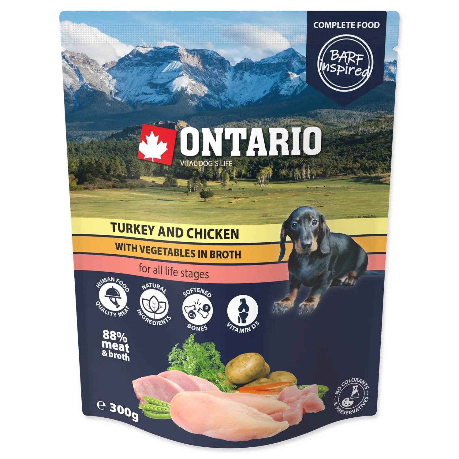 E-shop ONTARIO Vrecko pre psov s morčacím a kuracím mäsom a zeleninou vo vývare 300 g