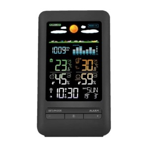 Čierna meteostanica t.b.t. s digitálnym zobrazením počasia a času.