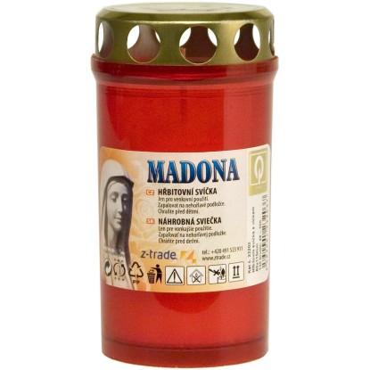 Červená cintorínska sviečka Madona so zlatým viečkom.