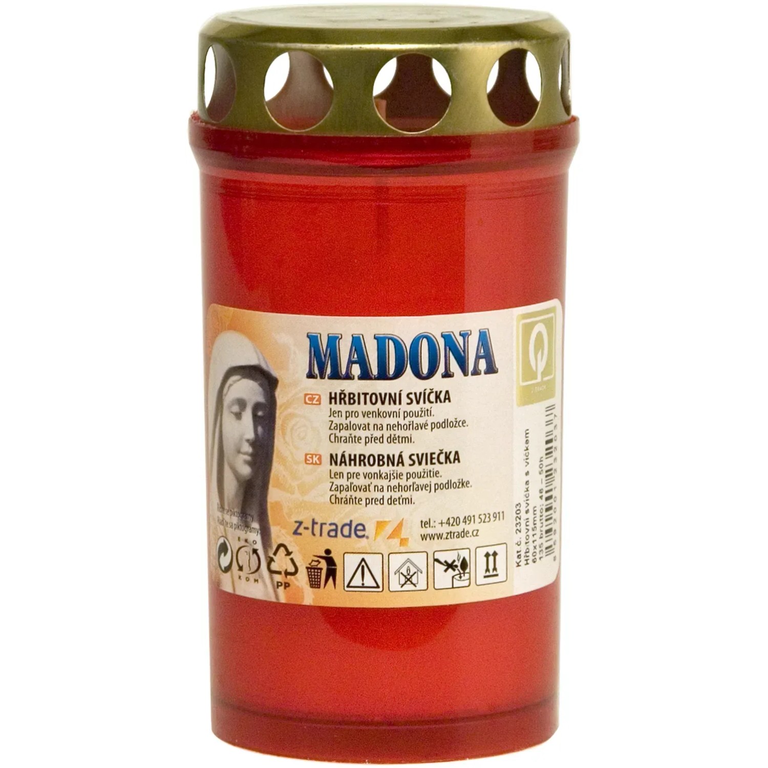 E-shop Cintorínska sviečka Madona s plechovým viečkom, červená, 135 g
