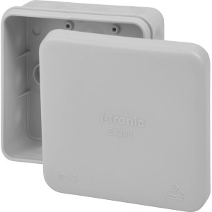 Otvorená, sivá odbočná krabica 80x80x37 mm, IP55, s vekom. Elektroinštalácia.