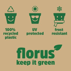 Symboly pre recyklovaný plast, UV ochranu a mrazuvzdornosť závesného kvetináča Florus.
