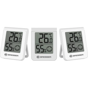 Sada 3 ks BRESSER Thermo-Hygrometer, biela meteostanica zobrazujúca teplotu a vlhkosť.