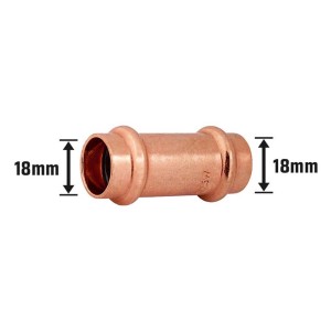 Medená lisovacia tvarovka, Ø 18 mm, na pripojenie medených rúrok v sanitárnych a vykurovacích systémoch.
