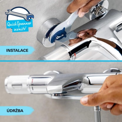 Grohe QuickFix vaňová batéria Start: Montáž a údržba zobrazené s náradím.