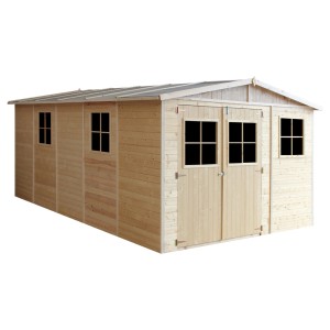 Drevený záhradný domček Timbela M337, 14,94 m², s oknami a dvojkrídlovými dverami, bez podlahy.