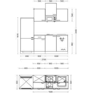 Nákres kuchynskej linky Flex-Well Exclusiv Abaco 210 cm v perleťovom lesku a akácii, rozmery a usporiadanie.