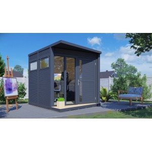 Moderný antracitový záhradný domček Bertilo Concept Office s oknom a dvojkrídlovými dverami.