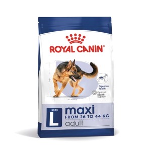 Royal Canin Maxi Adult suché krmivo pre veľké psy. Bielo-modré balenie s nemeckým ovčiakom. Podporuje trávenie a kĺby.