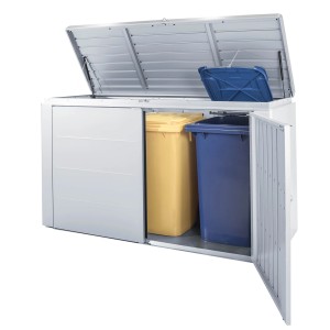 Strieborno-metalický záhradný box Biohort HighBoard 160 s otvoreným vekom a dvoma smetnými košmi.