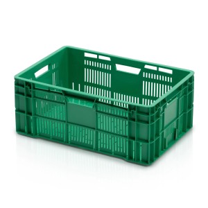 Zelený plastový box na zber s držadlami a otvormi pre dobrú ventiláciu.