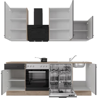 Kuchynská linka Flex-Well Capri, 220 cm, čierna matná/dub, so spotrebičmi a drezom.