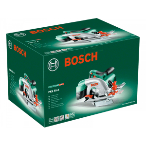 Balenie ručnej kotúčovej píly Bosch PKS 55 A, zelená krabica s obrázkom píly.