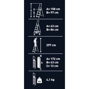 Technický nákres: Hliníkový rebrík do domácnosti, 5 stupňov, pracovná výška 297 cm, rozmery a hmotnosť.