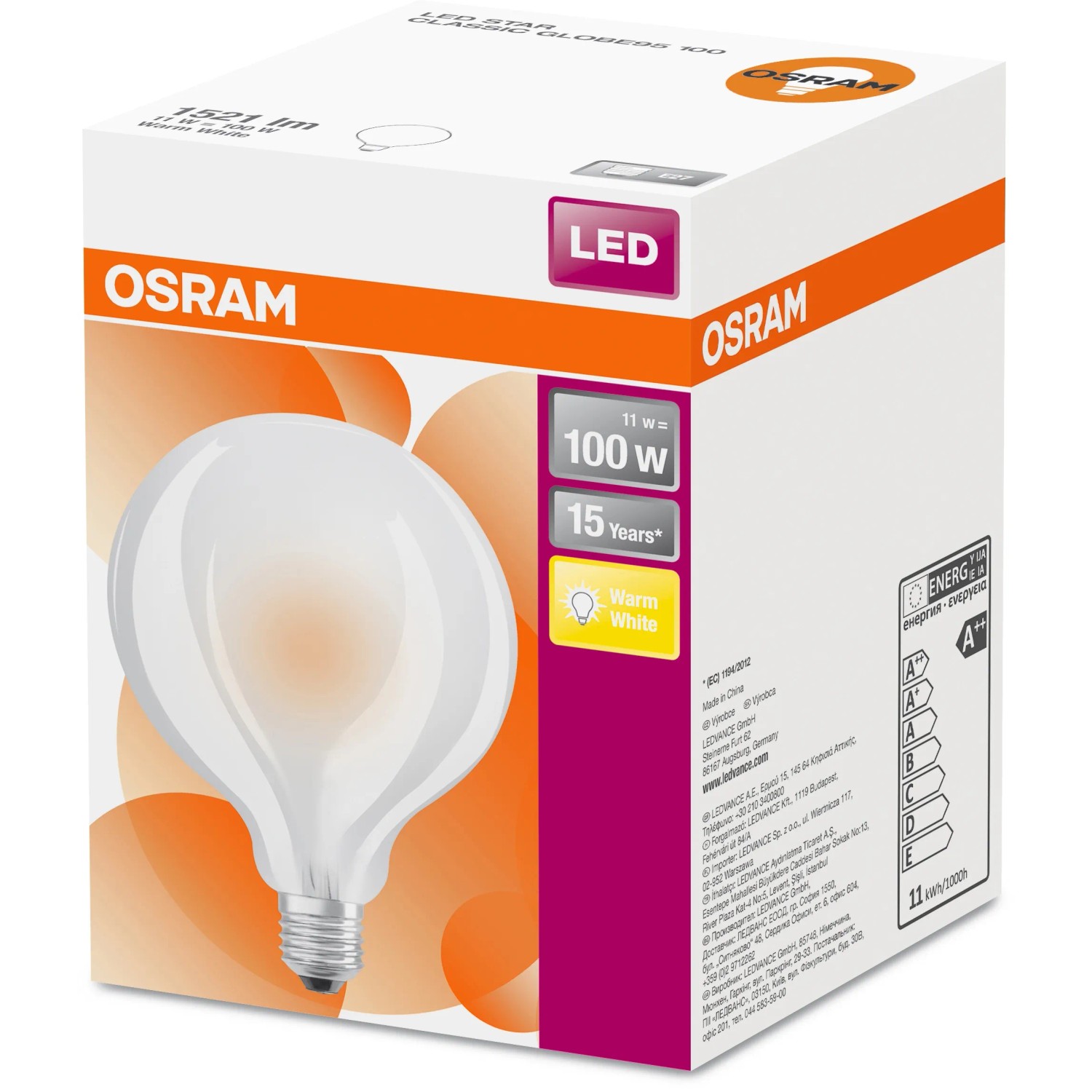 E-shop OSRAM LED žiarovka Retrofit Classic Globe 100 M, E27, 11W, 1521 lm, 2700 K,opál.