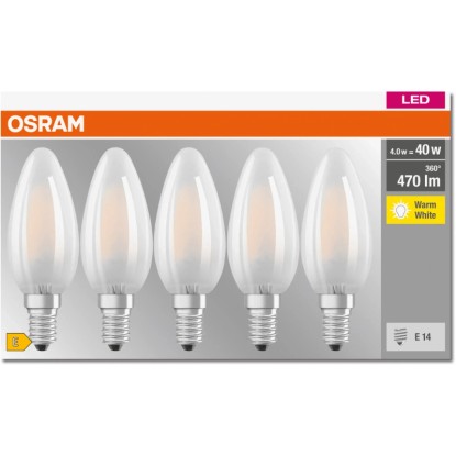 Sada 5 ks Osram LED žiaroviek E14, tvar sviečky, 4W, 470lm. Teplé biele svetlo do obývacích izieb.