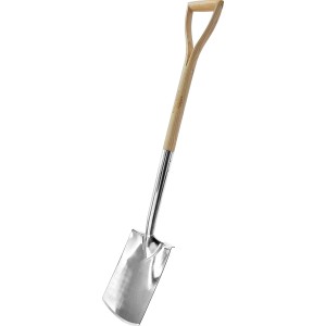 Záhradný rýľ s drevenou rukoväťou a D-rukoväťou, dĺžka 110 cm, na záhradníčenie.