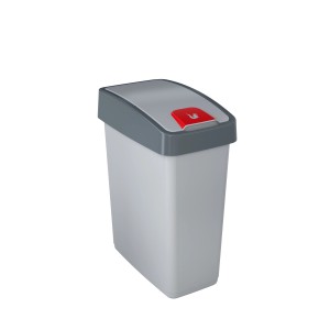 Sivý odpadkový kôš t.b.t. s červeným tlačidlom na otváranie.
