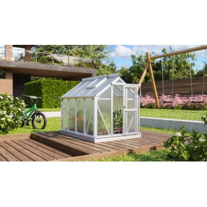 Mini skleník Vitavia Merlin s otvorenými dverami v záhrade, hliníkový rám.