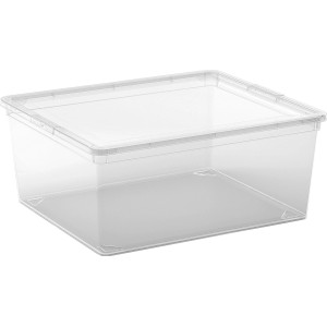 Priehľadný úložný box C M s vekom, ideálny na ukladanie a organizovanie predmetov.