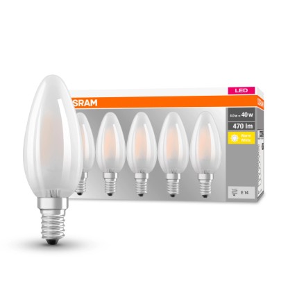 Sada 5 LED žiaroviek Osram E14 v tvare sviečky, 4 W, 470 lm, 10 x 3,5 cm (V x Ø).
