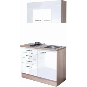Flex-Well Valero mini kuchynka, 100 cm, biely lesk/dub Sonoma, s varnou doskou a drezom.