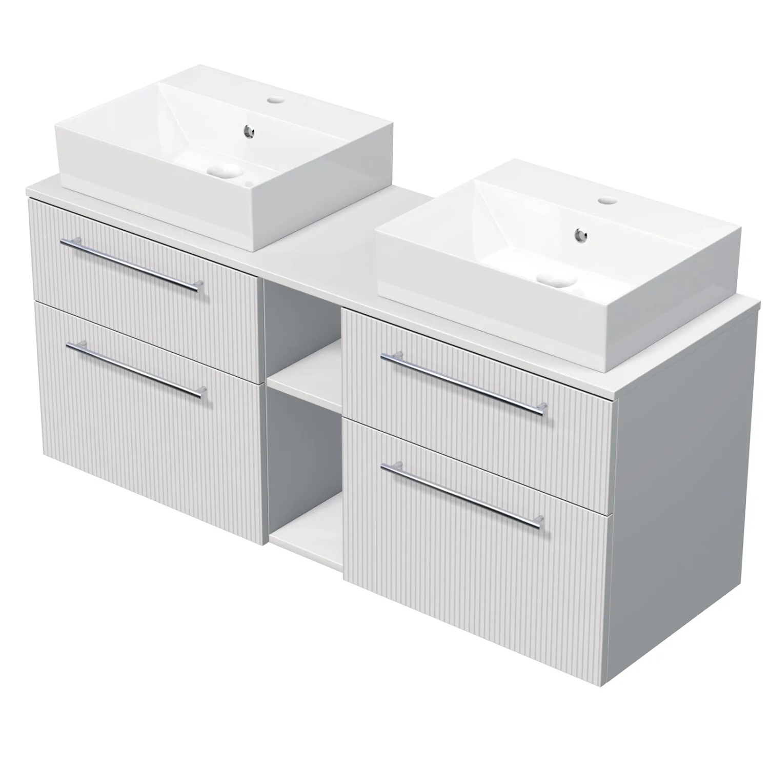 E-shop INTEDOOR Skriňa+2umývadlá BEE, úchyt chróm, š.140cm, regál stred, biela 3D pruhy