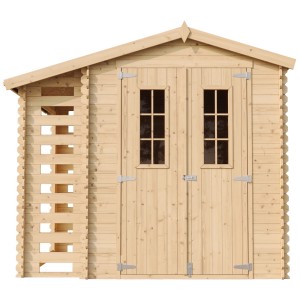 Drevený záhradný domček Timbela M386C s regálom na drevo, 4,5 m², neošetrené drevo, dvojkrídlové dvere s oknami.