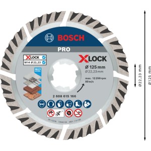 Diamantový rezný kotúč Bosch X-Lock 125 mm pre uhlové brúsky. Segmentovaný list pre univerzálne stavebné materiály.