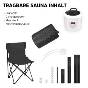 Prenosná parná sauna Sanotechnik, obsah: parný generátor, stan, skladacia stolička a rám.