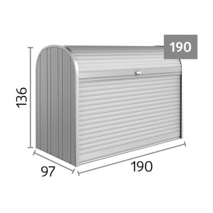 Záhradný úložný box Biohort StoreMax 190 strieborný metalický s roletou a rozmermi 190x97x136 cm.