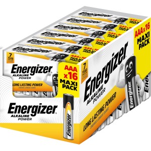 Batérie Energizer Alkaline Power AAA, balenie 16 kusov v žltom obale.