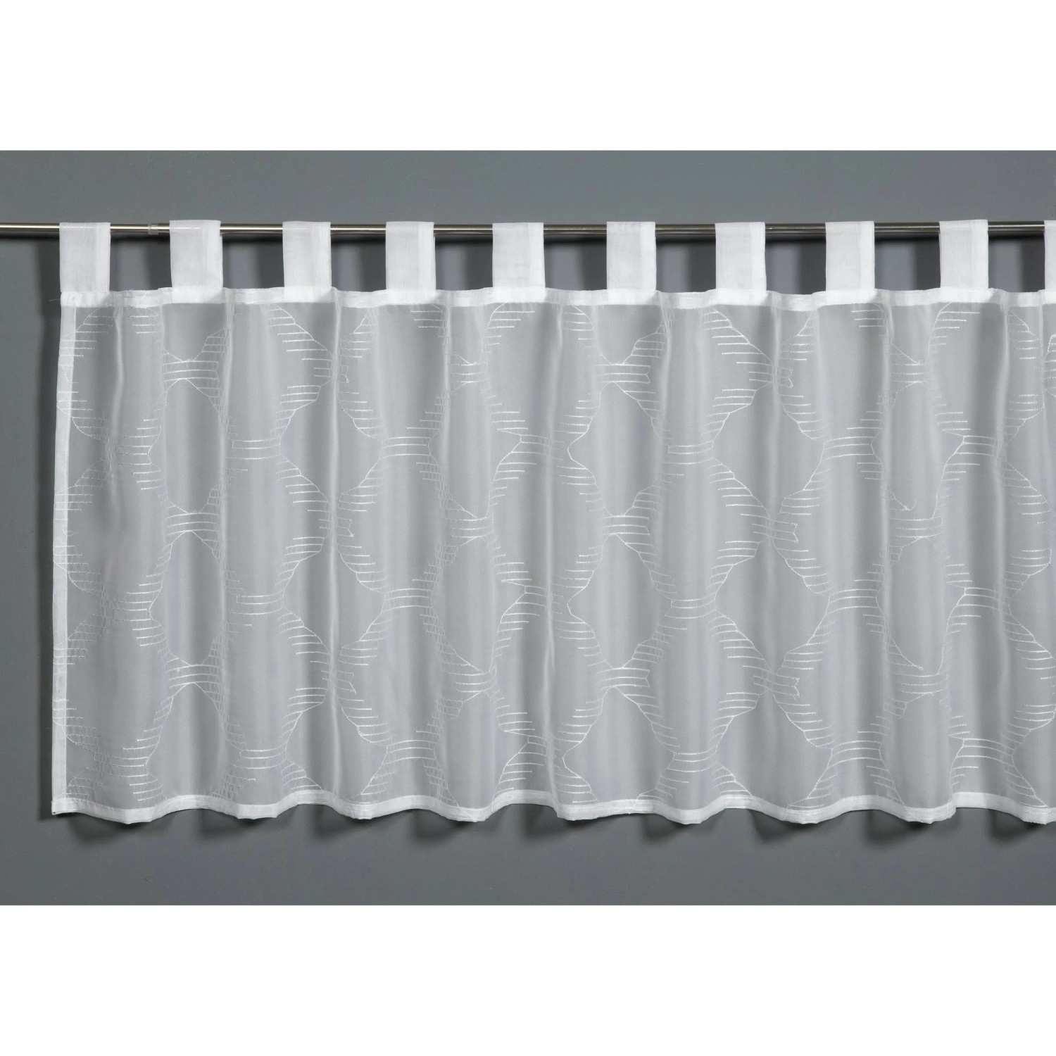 E-shop Sehlbach Vitrážová záclona s pútkami, výšivka kockovaná, bielo-sivá, 140 x 48 cm